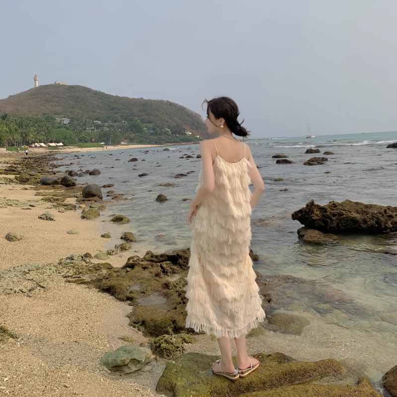 New Fashion Tassels Design Pink Beach Elegant Spaghetti Strap Dress TP2965