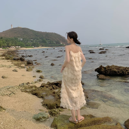 New Fashion Tassels Design Pink Beach Elegant Spaghetti Strap Dress TP2965