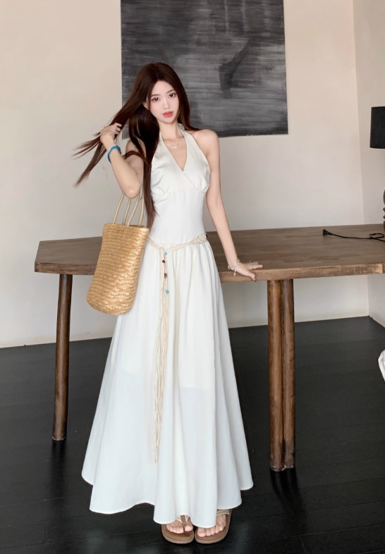 Simple Fashion Beige V-neck Design Beach Holiday A-line with Belt Halter Dress TP3371