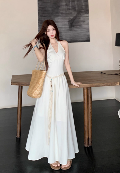 Simple Fashion Beige V-neck Design Beach Holiday A-line with Belt Halter Dress TP3371