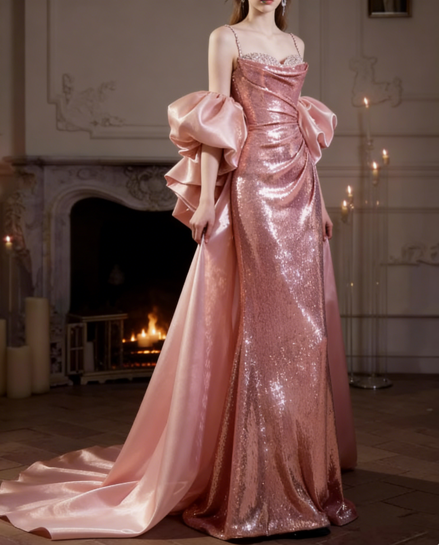 Glamorous Rose Gold Sequin Sheath Spaghetti Straps Oversized Ruffled Detachable Train Evening Gown TP5284