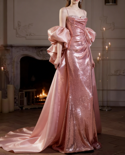 Glamorous Rose Gold Sequin Sheath Spaghetti Straps Oversized Ruffled Detachable Train Evening Gown TP5284