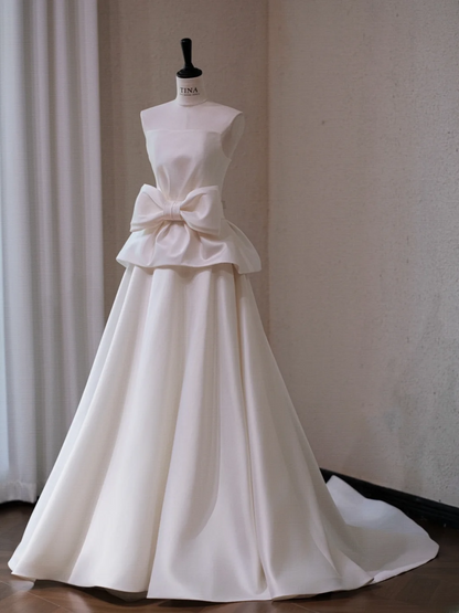 Gorgeous White Satin A-Line Bow Strapless Long Wedding Dress TP5042