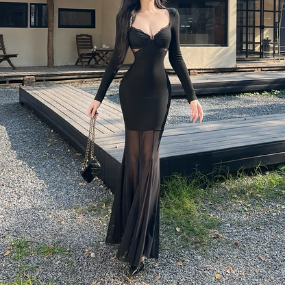 Women Simple Elegant Black Mesh Long-sleeved Dress TP2904