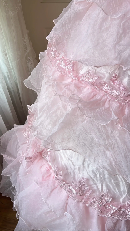Vintage Pink Tiered Lace & Bow Applique Quinceanera Ball Gown TP5838