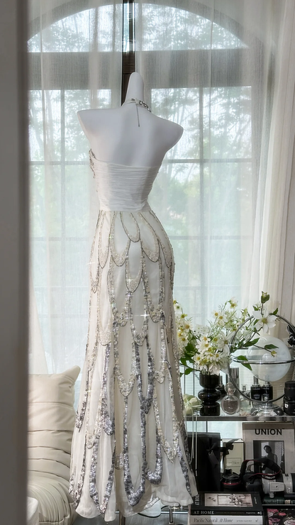Vintage White Beaded Sparkling Long Chiffon Spaghetti Strap Romantic Ball Gown Evening Dress Prom Dresses TP3963