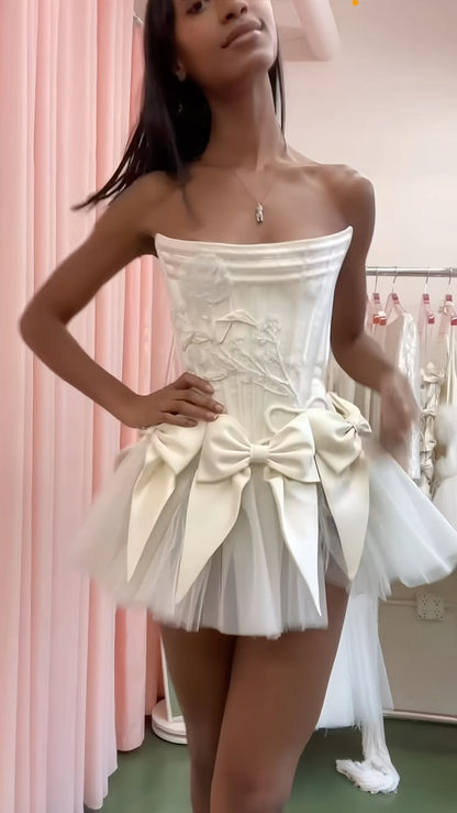Vintage Ivory Strapless 3D Floral Large Bow Tulle A-Line Homecoming Dress TP6035