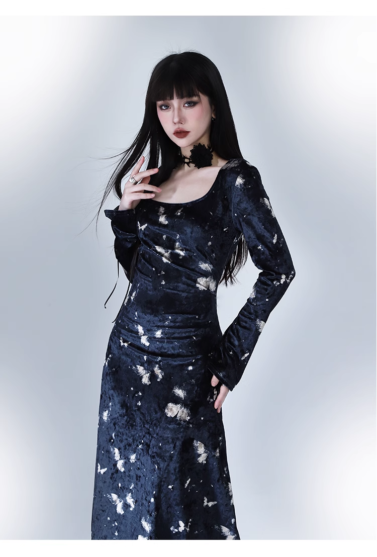 New Fashion Butterfly Pattern Design Sense Navy Blue Long-sleeved Dress TP2939