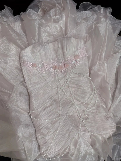 Elegant Light Pink Strapless Chiffon Sweet 16 Quinceanera Mermaid Evening Dress Ball Gown TP4280