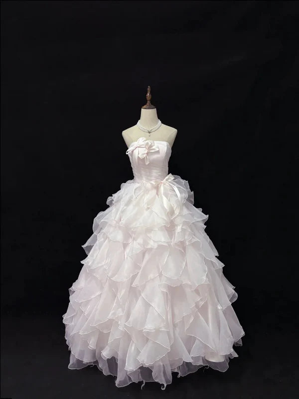 Vintage Light Pink Strapless Chiffon Sweet 16 Quinceanera A-Line Ruffles Evening Dress Ball Gown TP4272