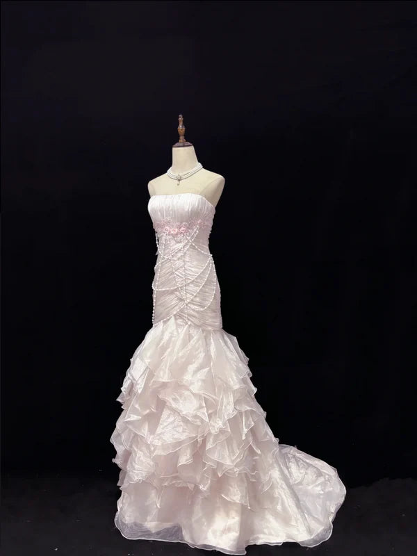 Elegant Light Pink Strapless Chiffon Sweet 16 Quinceanera Mermaid Evening Dress Ball Gown TP4280