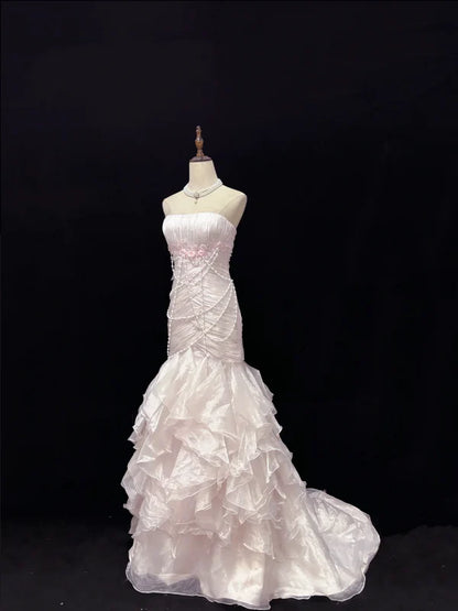 Elegant Light Pink Strapless Chiffon Sweet 16 Quinceanera Mermaid Evening Dress Ball Gown TP4280