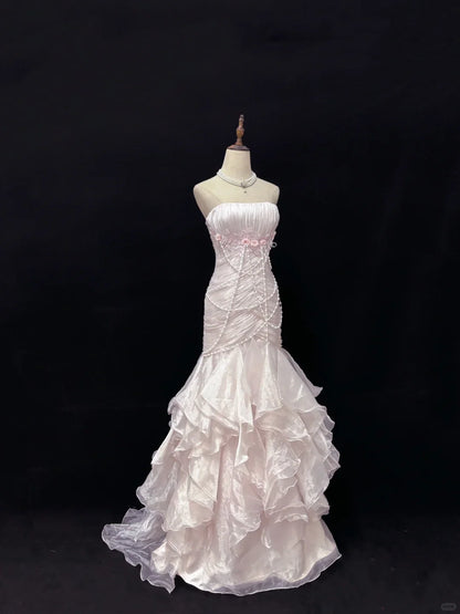 Elegant Light Pink Strapless Chiffon Sweet 16 Quinceanera Mermaid Evening Dress Ball Gown TP4280