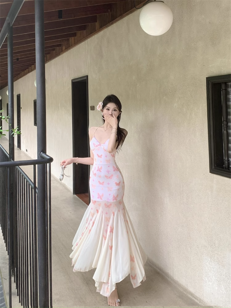 New Stylish Women Pink Butterfly Mermaid Spaghetti Strap Dress TP2966