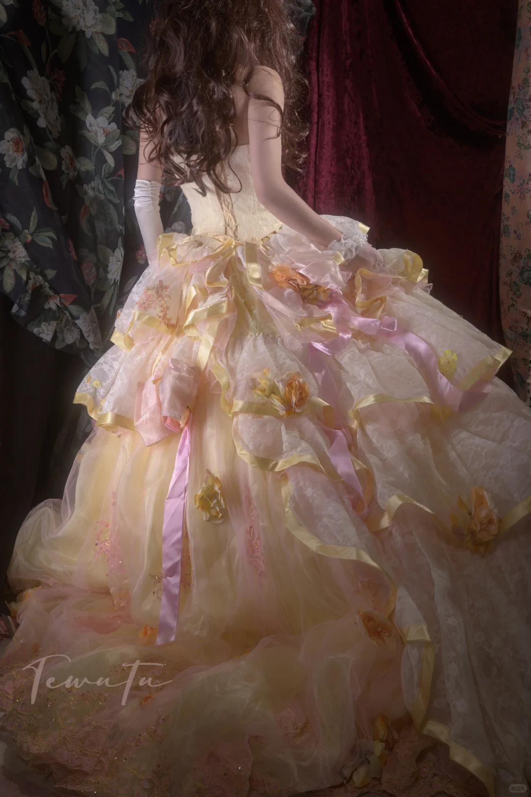 Vintage-Inspired Cream & Pink Tiered Strapless Beaded Floral Appliqués Ball Gown TP5796
