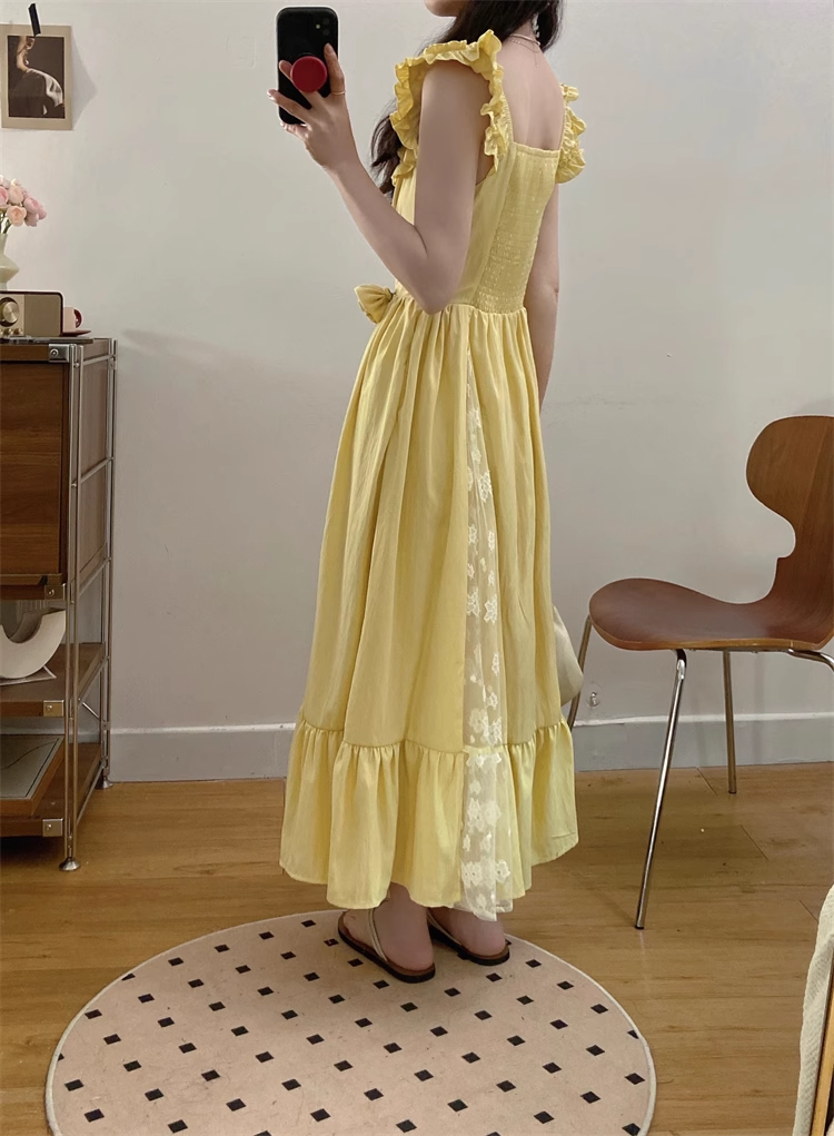 New Simple Fashion Yellow Floral Design A-Line Long Dress TP3043