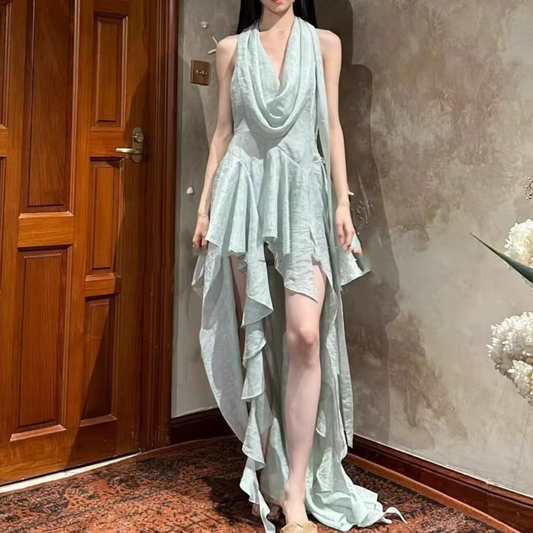 Romantic Halter Neck Draped Asymmetrical Ruffled Prom Dress TP5706