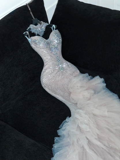 Shiny Beaded White Sweetheart Tulle Sequin Design Elegant Mermaid Floor-length Wedding Dress TP4190