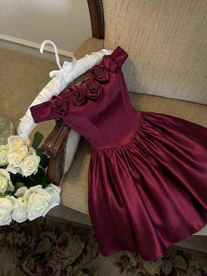 Vintage Burgundy 3D Floral Off-the-Shoulder Satin A-Line Homecoming Dress TP5939