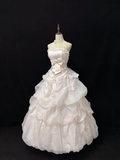 Elegant Light Pink Strapless Satin Sweet 16 Quinceanera A-Line Evening Dress Ball Gown TP4279