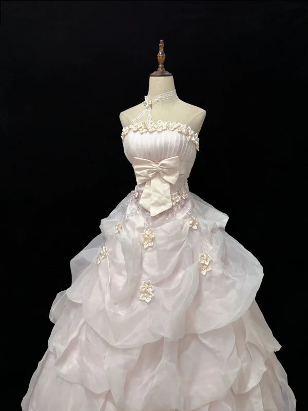 Elegant Light Pink Strapless Satin Sweet 16 Quinceanera A-Line Evening Dress Ball Gown TP4279