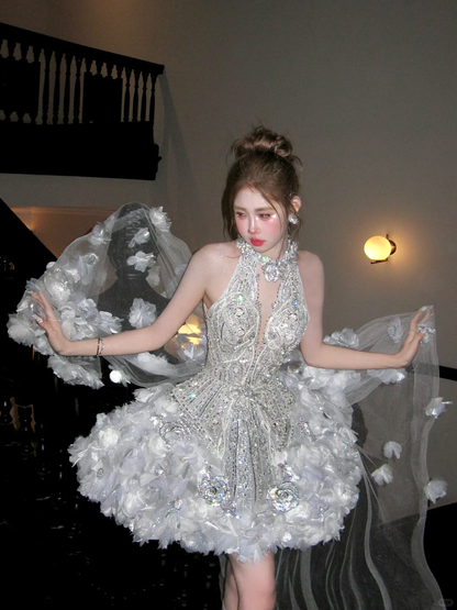 Gorgeous Glittering Silvery Beaded Sequined A-Line Halter Dress Design Party Dress Homecoming Dress TP4233