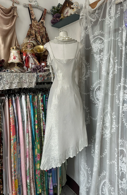 Vintage Silvery Irregular Hem Design A-Line Spaghetti Strap Prom Dress Evening Dress TP4206