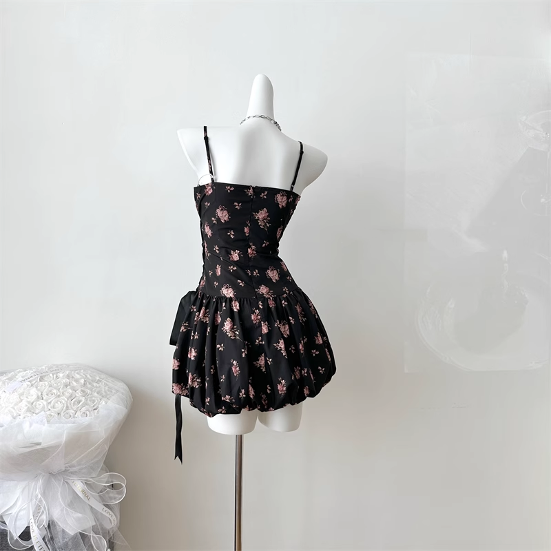 New Fashion Floral Satin Side Waist Lacing Design A-line Sleeveless Spaghetti Strap Dress TP3286