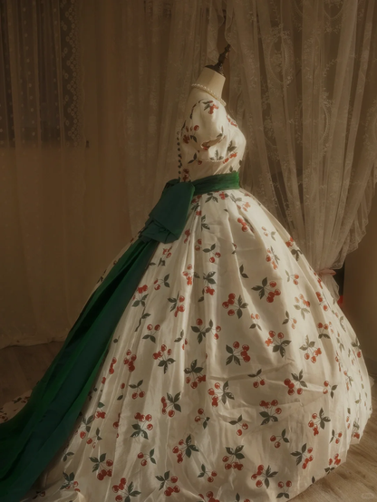 Cute Cherry Print Puff-Sleeve Green Back Bow Train Sweet 15 Quinceanera Ball Gown TP5509