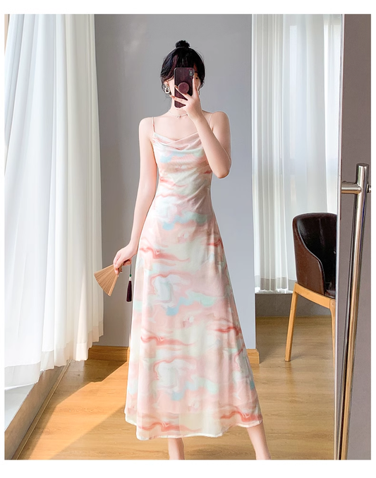 Simple Fashion Colorful Design Slim Spaghetti Strap Dress TP3059