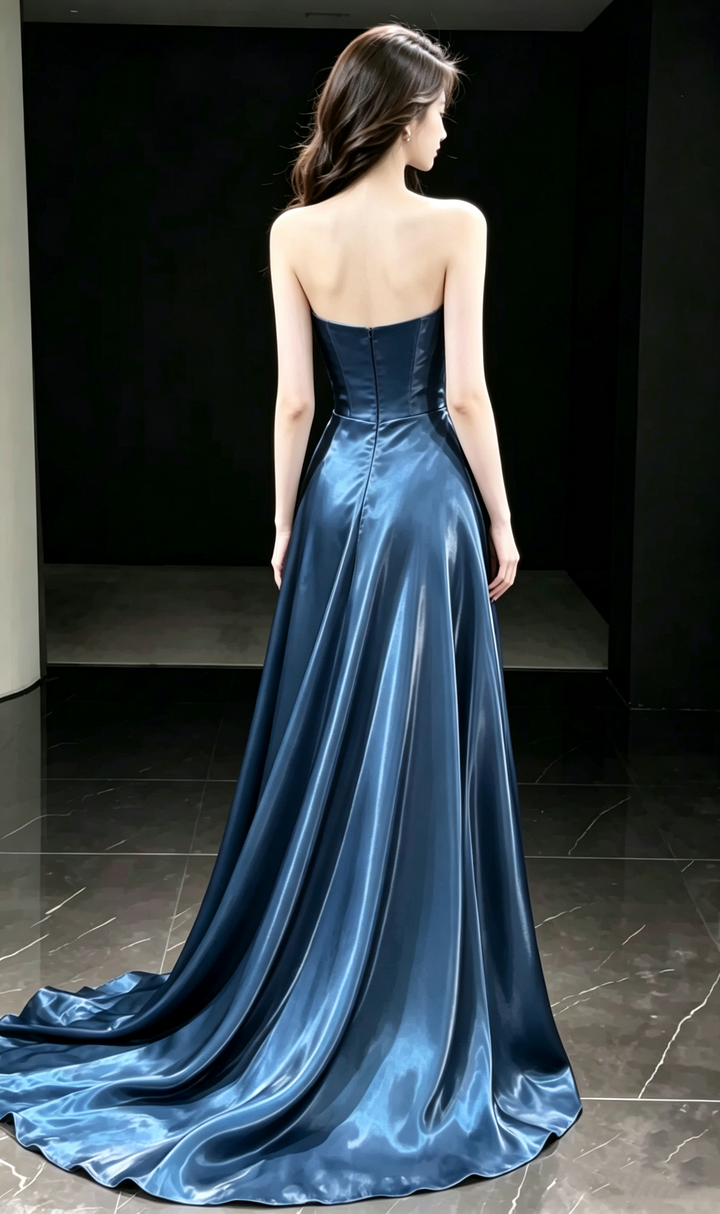 Elegant Deep Blue Strapless Satin A‑Line Long Evening Dress TP6088