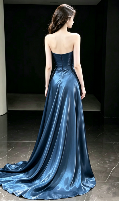 Elegant Deep Blue Strapless Satin A‑Line Long Evening Dress TP6088