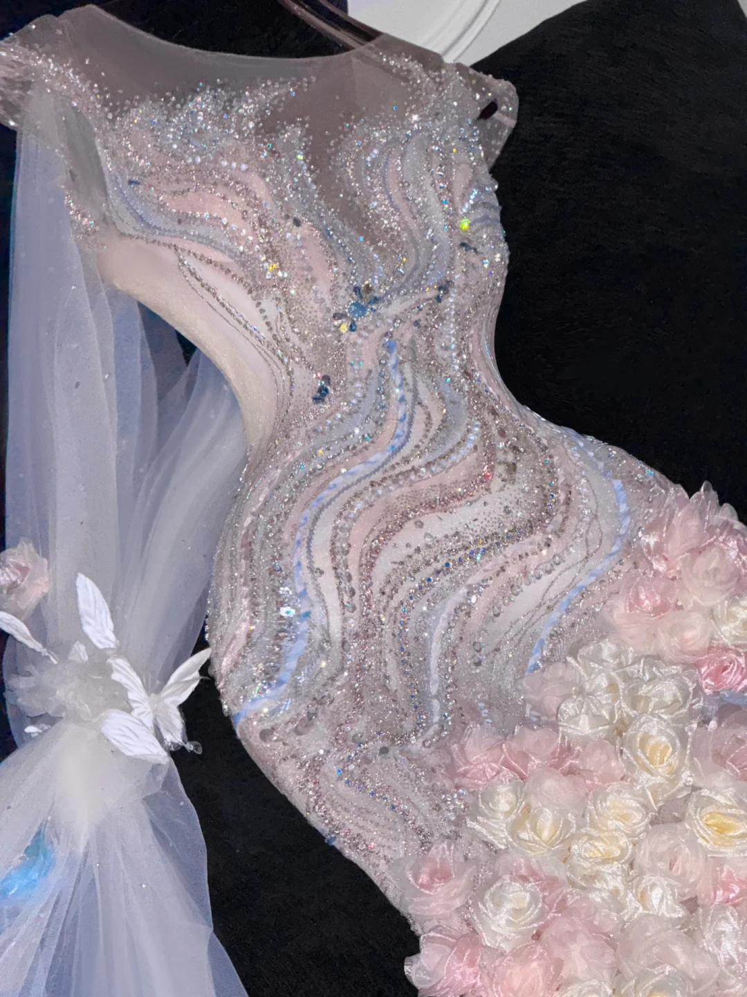 Gorgeous Sparkling Beaded Sequin Mermaid 3D Flowers Design Tulle Evening Dress Prom Dresses TP4159