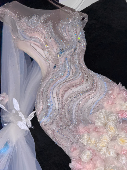 Gorgeous Sparkling Beaded Sequin Mermaid 3D Flowers Design Tulle Evening Dress Prom Dresses TP4159