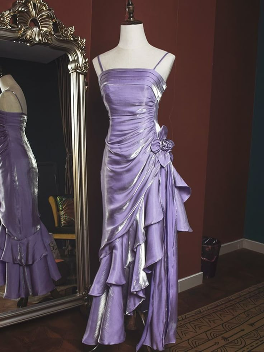 Glamorous Lavender Satin Mermaid Prom Dress Ruffled 3D Floral Evening Gown TP5168