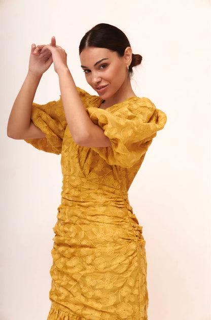 Special Yellow V-neck Lace Short Sleeve Mermaid Evening Dress Prom Dress TP1782