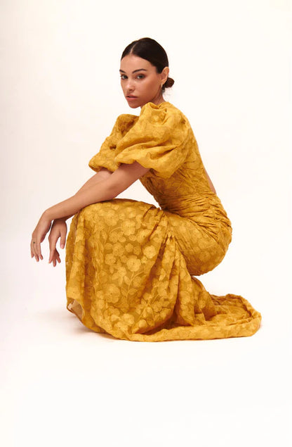 Special Yellow V-neck Lace Short Sleeve Mermaid Evening Dress Prom Dress TP1782