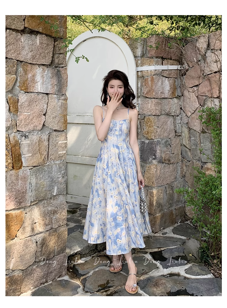 Design Sense Blue Painting Long Dress Holiday Beach Floral Spaghetti Strap Dress TP2960