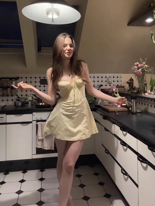 Vintage Lemon Yellow Spaghetti Strap A-Line Mini Dress Homecoming Dress Party Dress Short Cocktail Dress TP5190