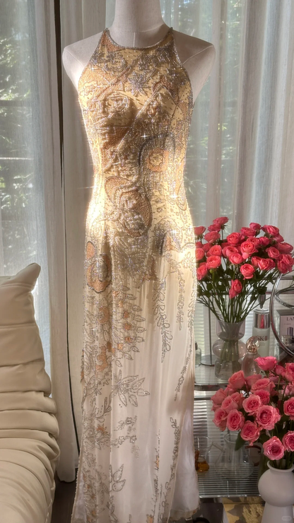Retro Golden Sparkling Beaded Halter Dress Elegant Chiffon Evening Dress Prom Dresses TP3986