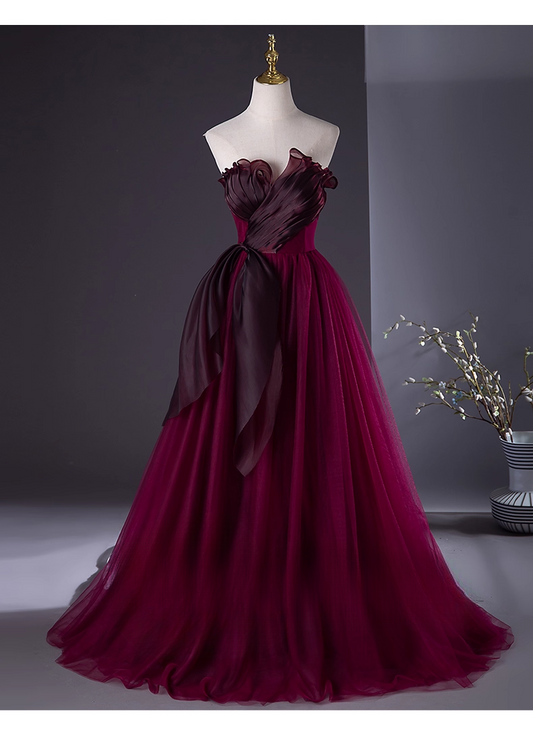 Elegant Burgundy Tulle Sweet 16 A-Line Strapless Quinceanera Ball Gown TP5206