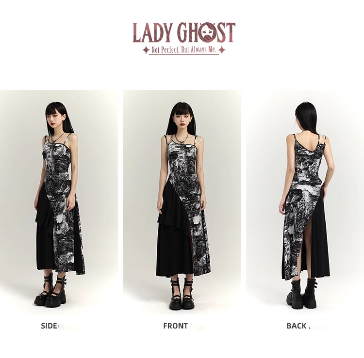 Fashion Black & White Ink Artistic Sense Irregular Design Spaghetti Strap Dress TP2919