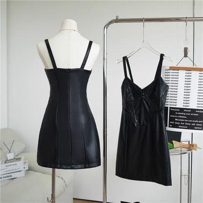 Simple Black Split Dress Design A-line Sleeveless Spaghetti Strap Leather Dress TP3296