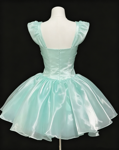 Vintage Mint Green Shiny Organza Square Neck Cap Sleeve Ruched Bodice A-Line Homecoming Dress TP6060
