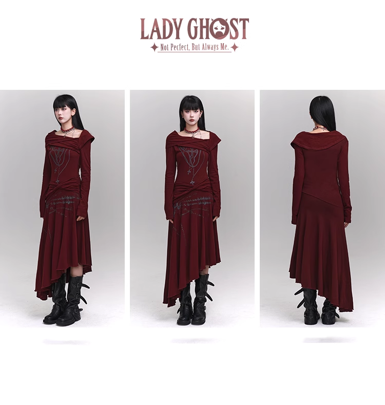 New Fashion Irregular Hemline Design Red Long-sleeved Dress TP2941
