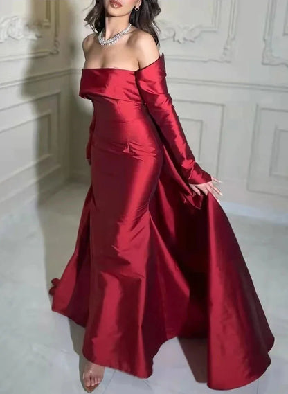 Glamorous Off-the-Shoulder Satin Evening Gown Mermaid Prom Dress TP5799