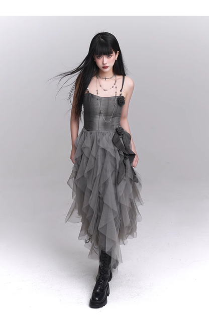 Simple Fashion Gray Rose Flower Design Women Spaghetti Strap Dress TP2943