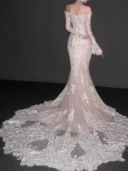 Elegant White Lace Applique Mermaid Off-the-shoulder Long Wedding Dress TP5021