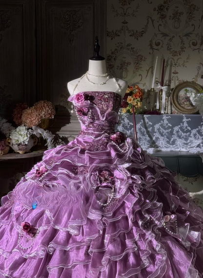 Elegant Lilac Strapless Ruffled Floral & Pearl Embellishments Layered Tulle Ball Gown TP5131