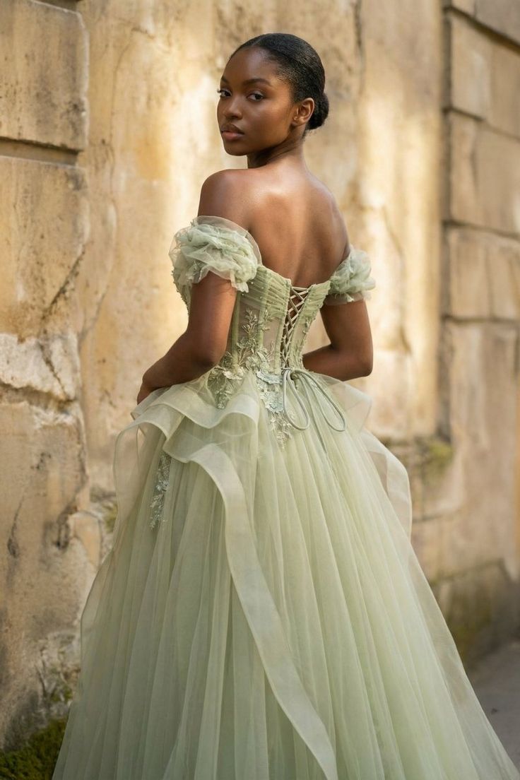 Glamorous Sage Green Off-the-Shoulder Ball Gown with Corset Bodice and Tiered Tulle Skirt TP5759